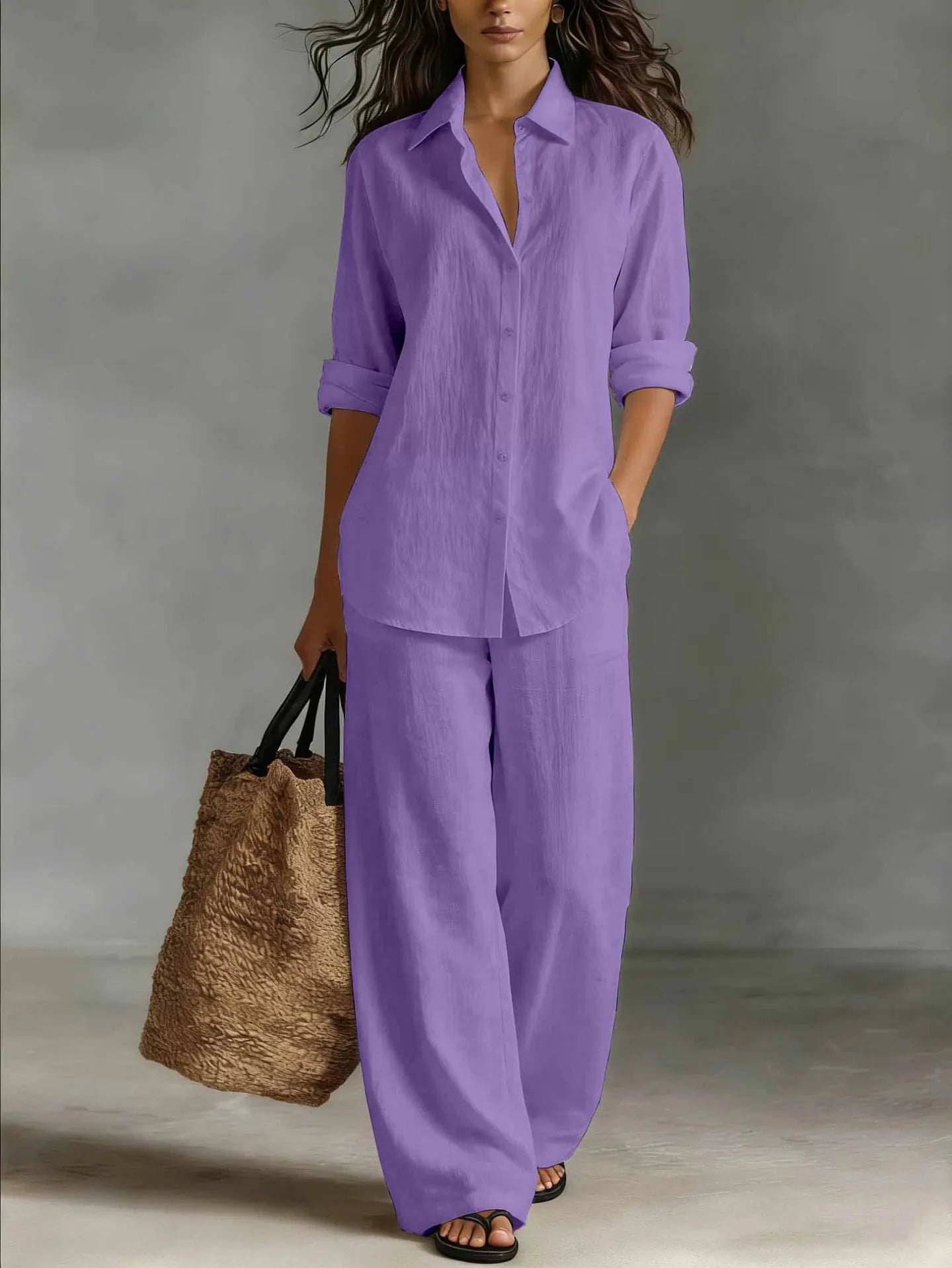 Women's Collared Long Sleeve Shirt and Wide Leg Pants Set