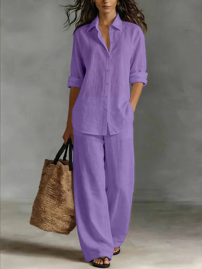 Women's Collared Long Sleeve Shirt and Wide Leg Pants Set