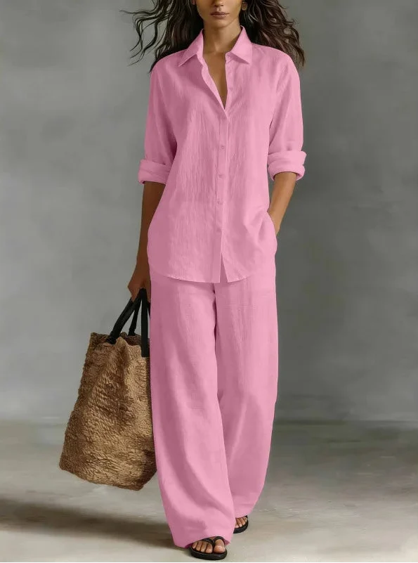Women's Collared Long Sleeve Shirt and Wide Leg Pants Set