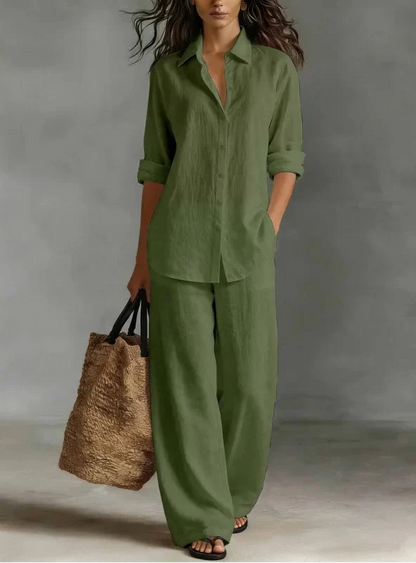 Women's Collared Long Sleeve Shirt and Wide Leg Pants Set