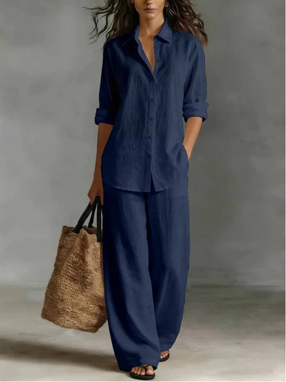Women's Collared Long Sleeve Shirt and Wide Leg Pants Set