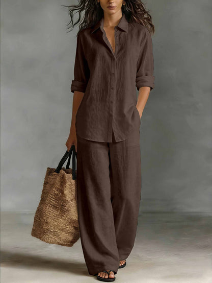 Women's Collared Long Sleeve Shirt and Wide Leg Pants Set