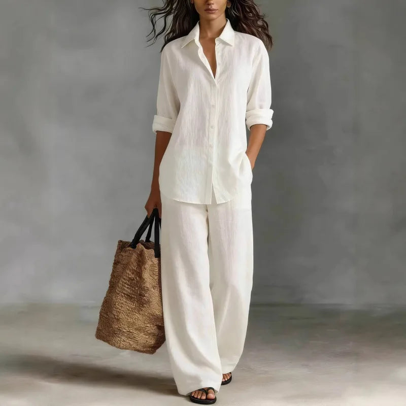 Women's Collared Long Sleeve Shirt and Wide Leg Pants Set
