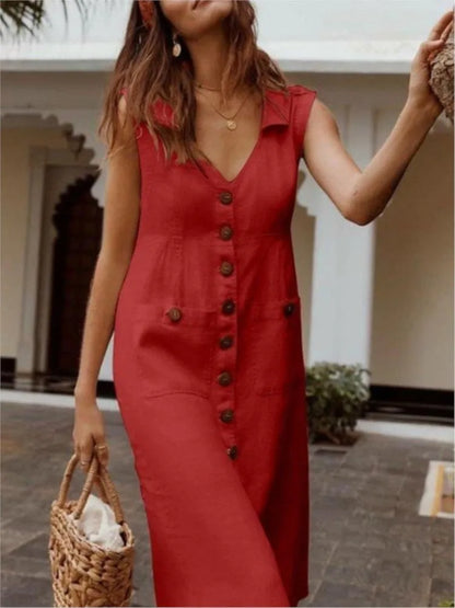 Sleeveless Buttoned Pocketed Midi V Neck A Line Dress