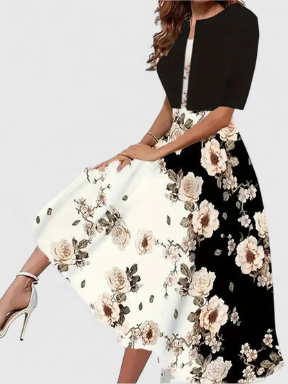 Floral Printed Layered Flared Sleeved Midi Dress
