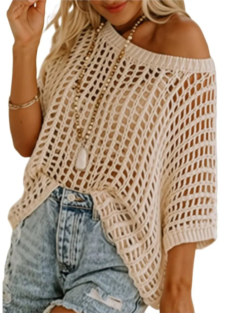 Women's Off-Shoulder Crochet Knit Cropped Sweater
