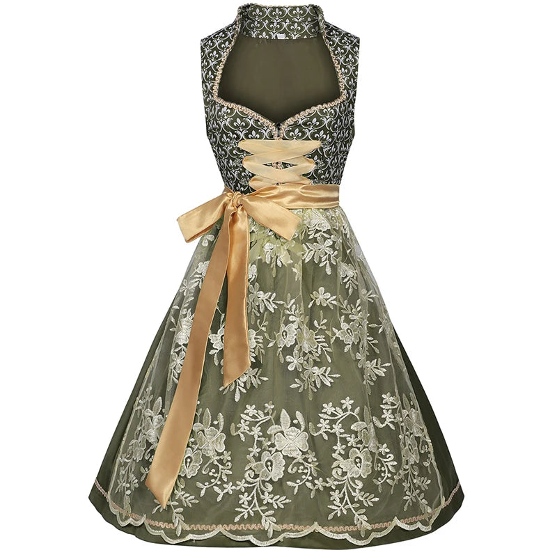 Women's Lace-Up Sweetheart Neckline Floral Embroidered Dirndl Dress