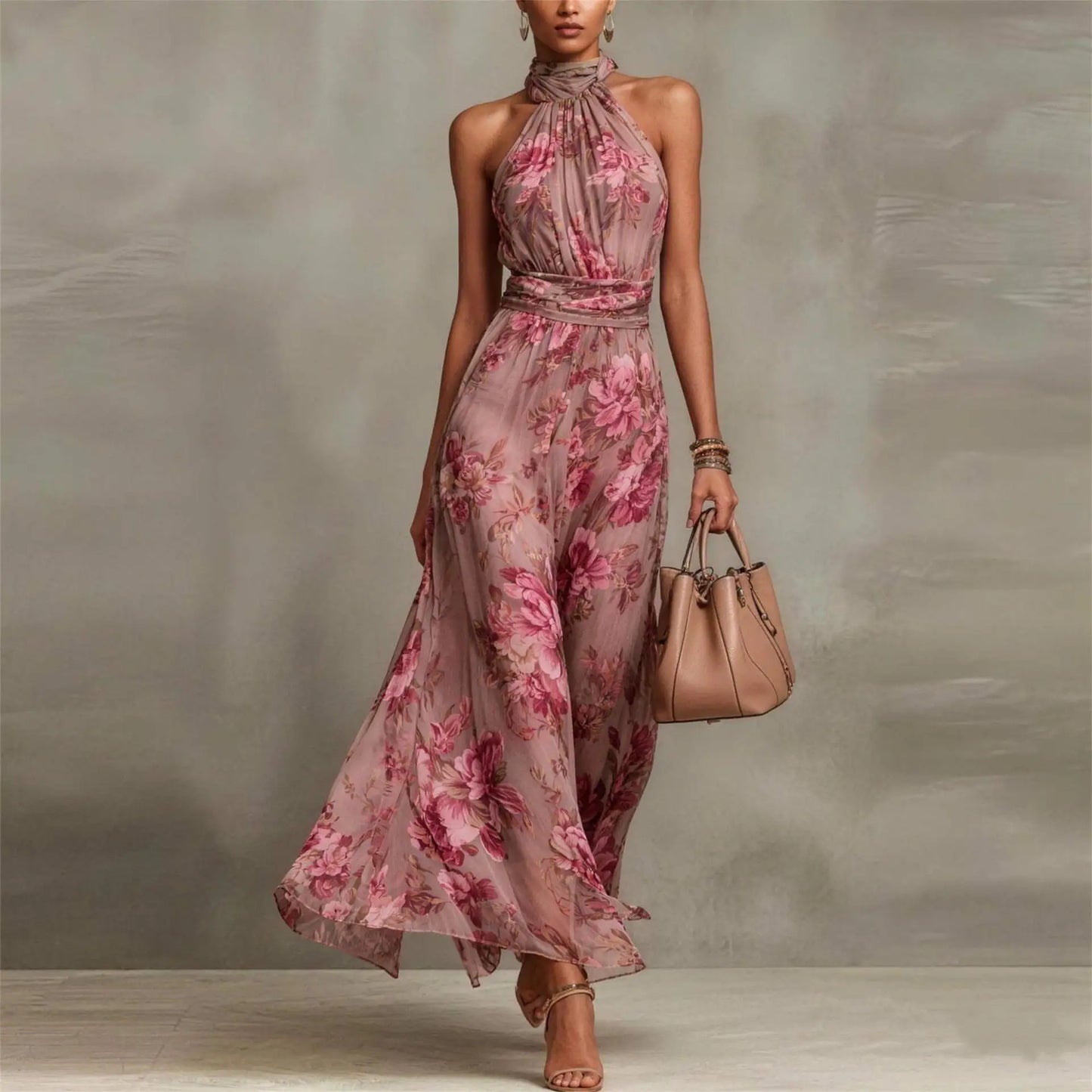 Pleated Sleeveless Fitted Draped Maxi Dress