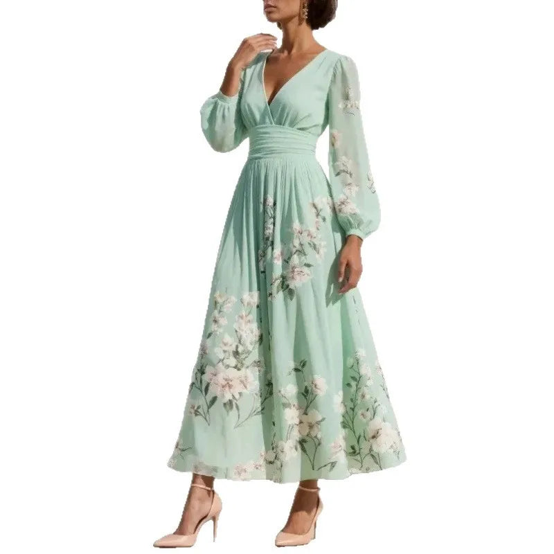 Pleated Long Sleeve V Neck Maxi Dress
