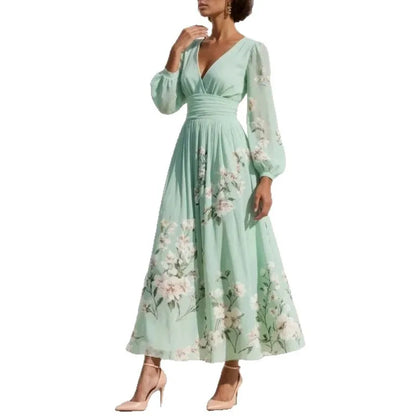 Pleated Long Sleeve V Neck Maxi Dress