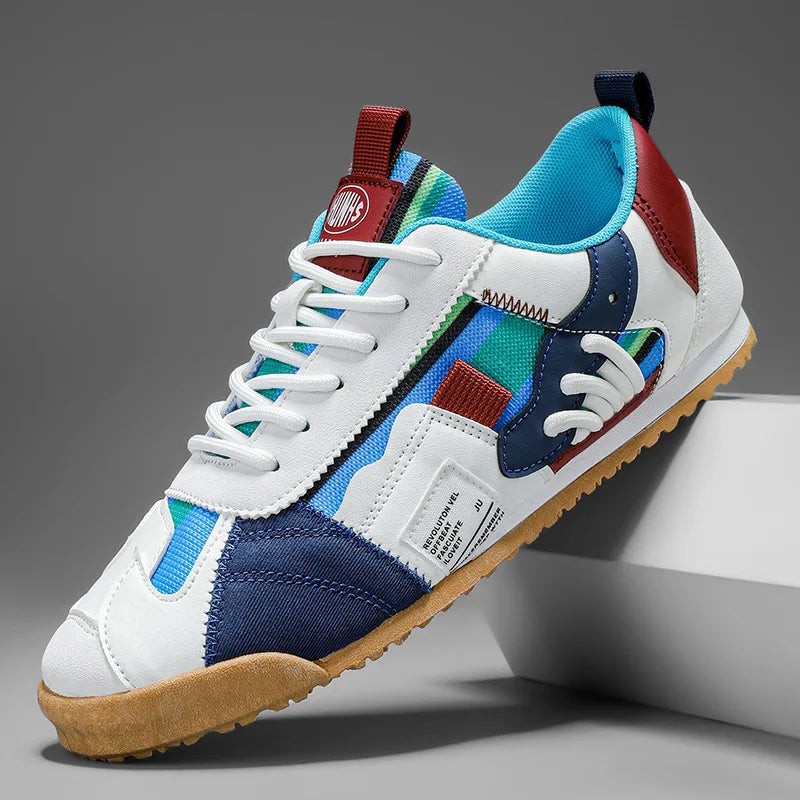 Patched Striped Rounded Textured Flat Sneakers