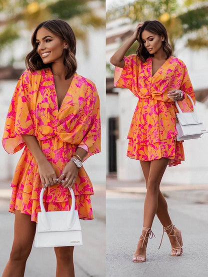 Printed Sleeve Tiered Mini Dress