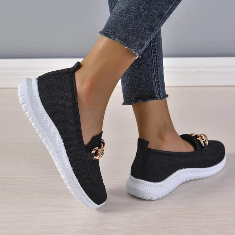 Chain Detail Round Toe Textured Slip On Shoes