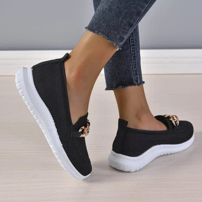 Chain Detail Round Toe Textured Slip On Shoes