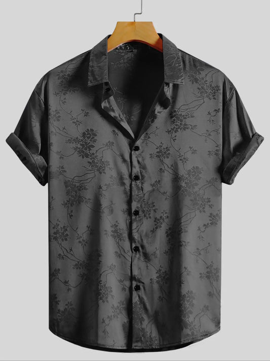 Floral Embroidered Collared Buttoned Rolled Curved Loose Shirt