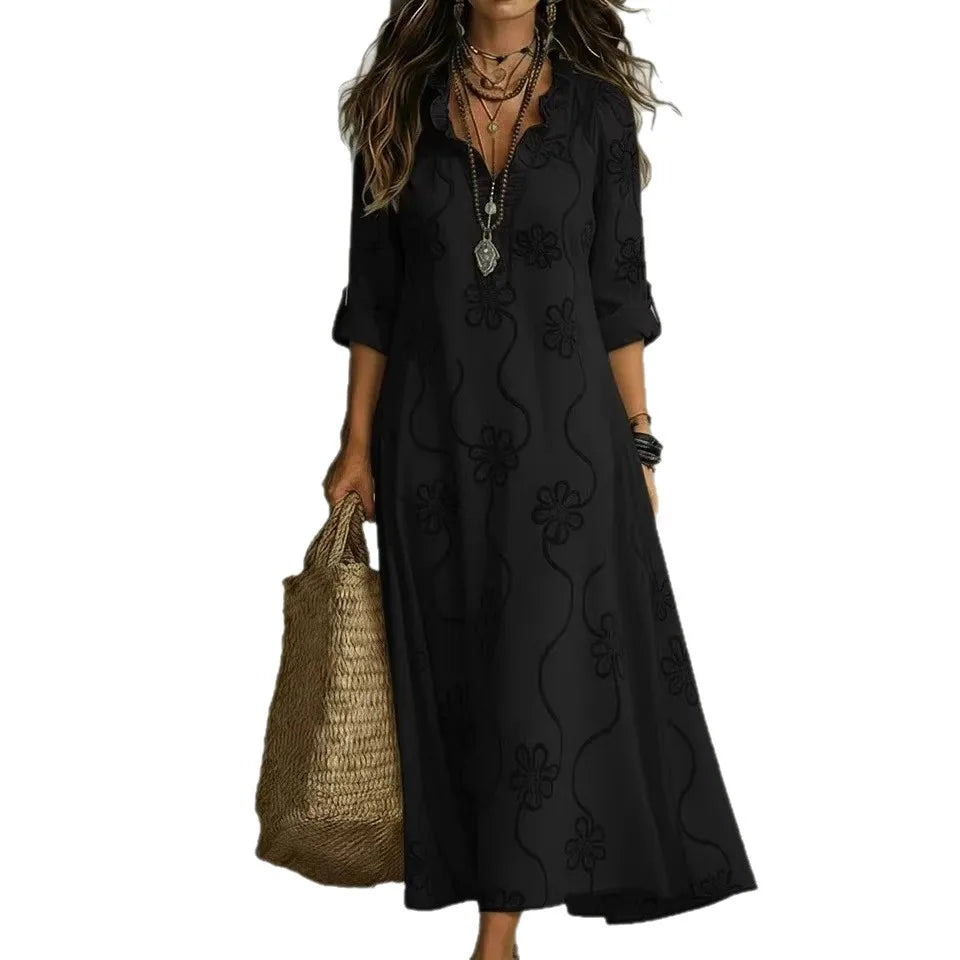 Three Quarter Sleeve Split Neck Maxi Dress