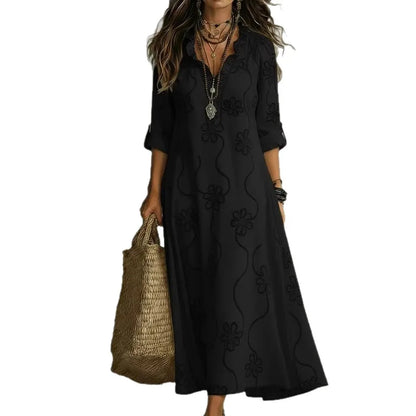 Three Quarter Sleeve Split Neck Maxi Dress