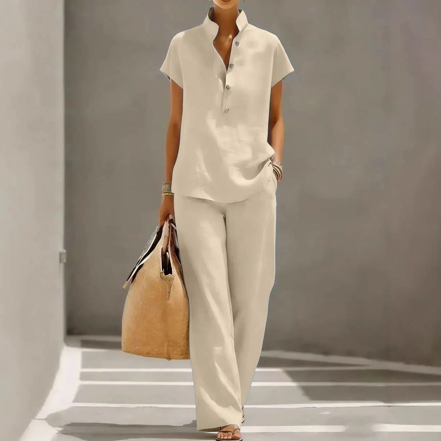 Relaxed Collared Buttoned Straight Long Set