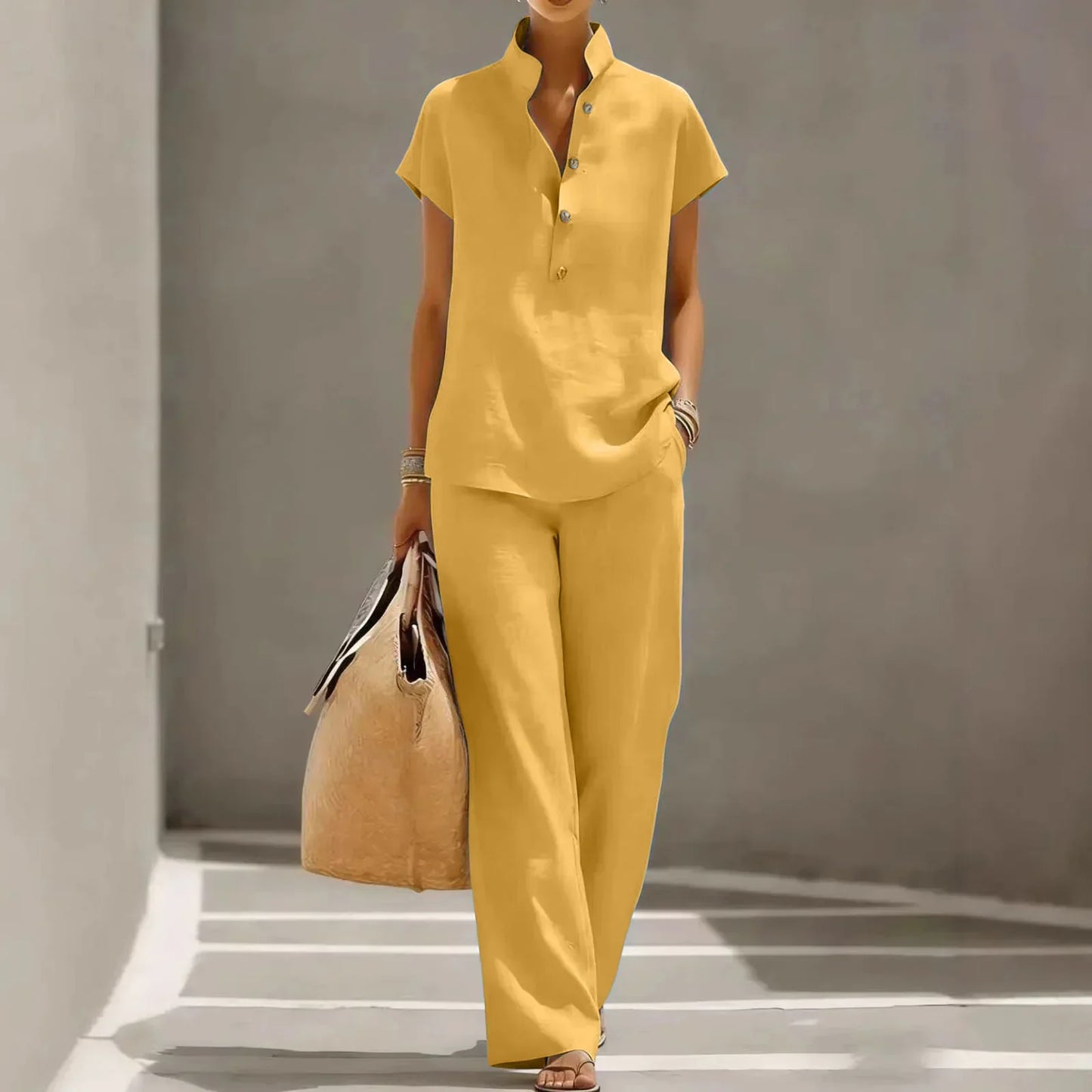 Relaxed Collared Buttoned Straight Long Set