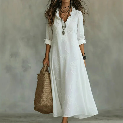 Three Quarter Sleeve Split Neck Maxi Dress