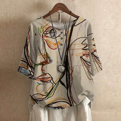 Graphic Crew Neck Curved Hem Medium Sleeve Blouse