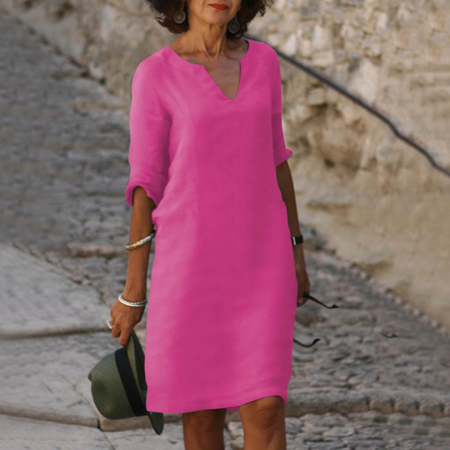 Straight Silhouette Split Neck Loose Fit Midi Dress