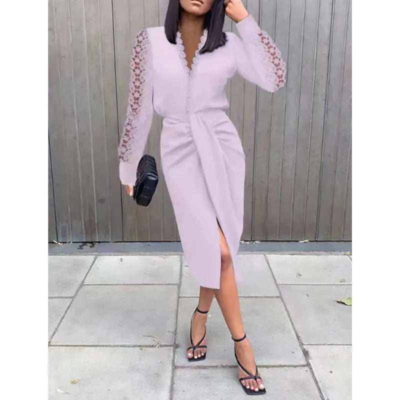 Lace Trimmed Long Sleeve Slit Midi Dress