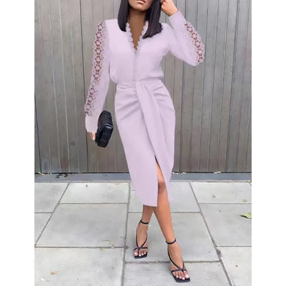 Lace Trimmed Long Sleeve Slit Midi Dress