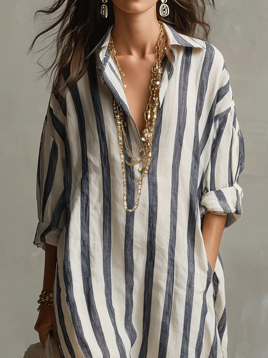 Vertical Striped Collared Oversized Long Dress