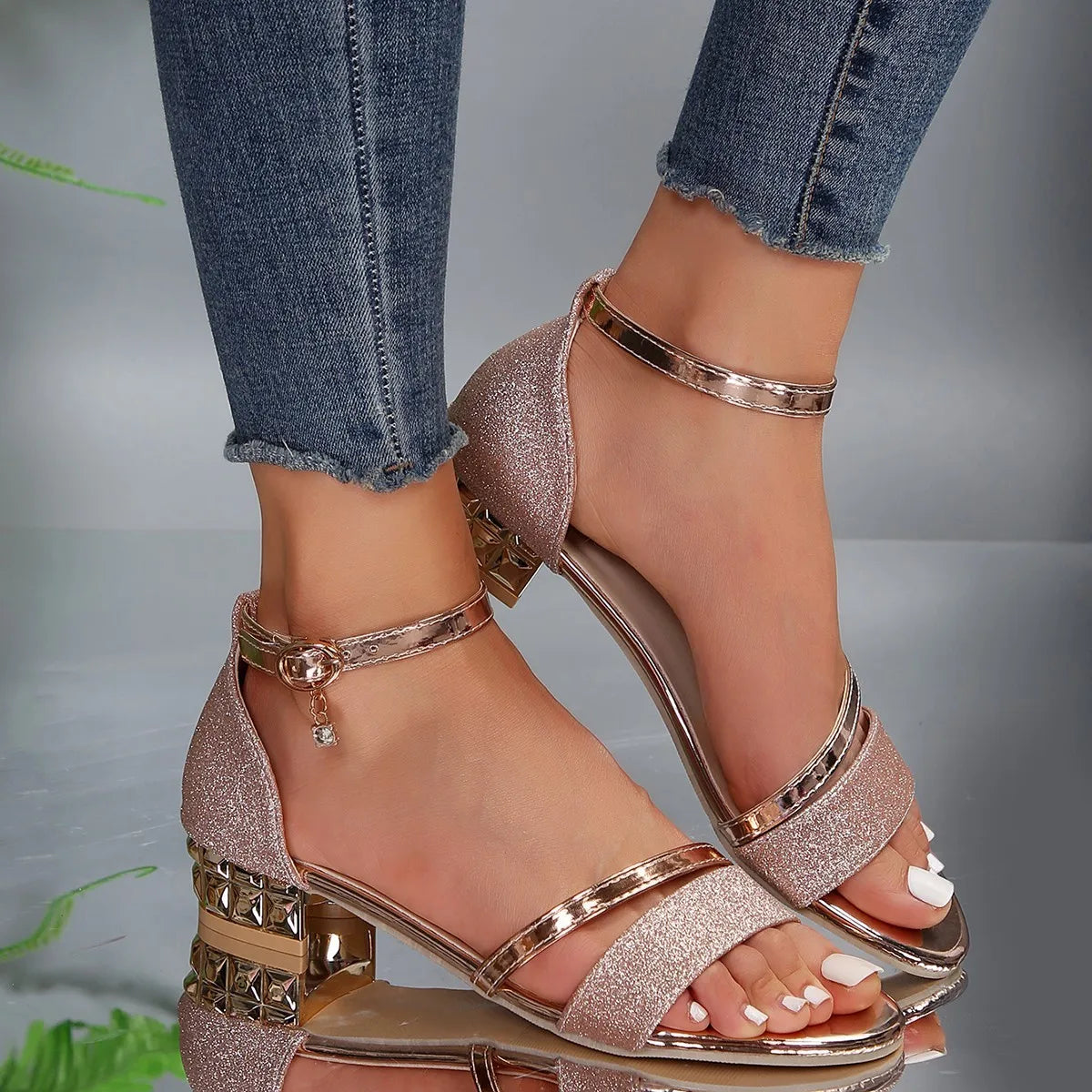 Open Toe Ankle Strap Low Block Sandals