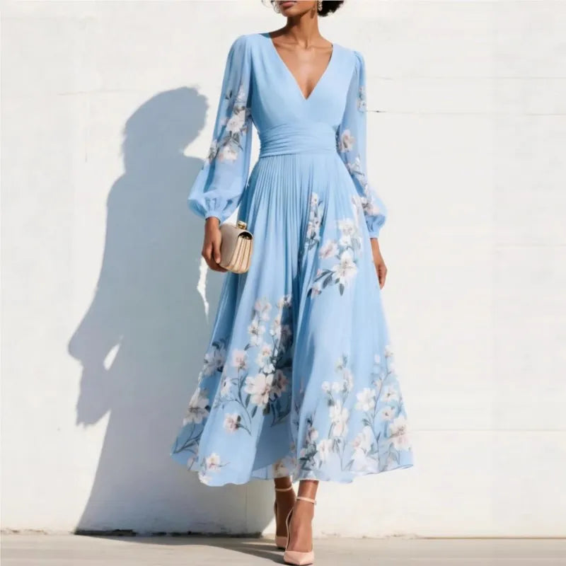 Pleated Long Sleeve V Neck Maxi Dress