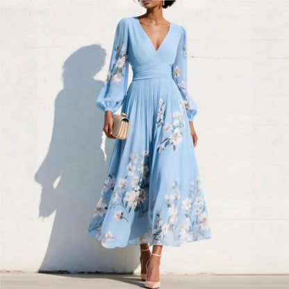 Pleated Long Sleeve V Neck Maxi Dress