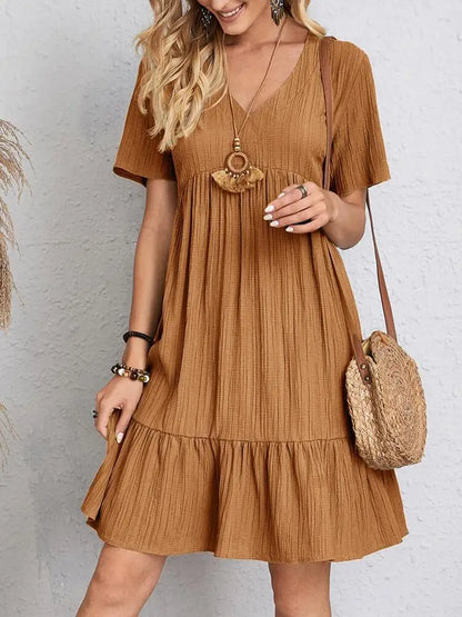 Textured Tiered Gathered Flared Short Relaxed Dress