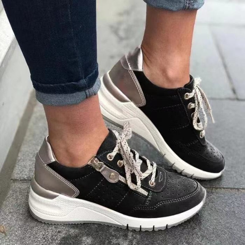 Women's Lace-Up Zip Wedge Platform Walking Sneakers