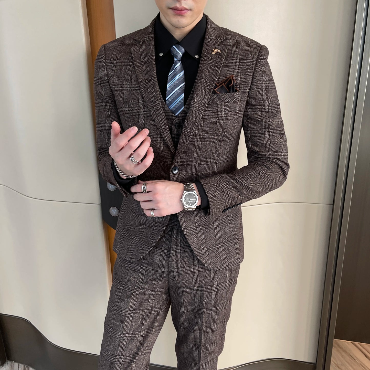 Structured Check Button Up Notch Lapel Straight Three Piece Set Suit
