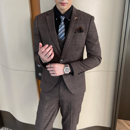Structured Check Button Up Notch Lapel Straight Three Piece Set Suit