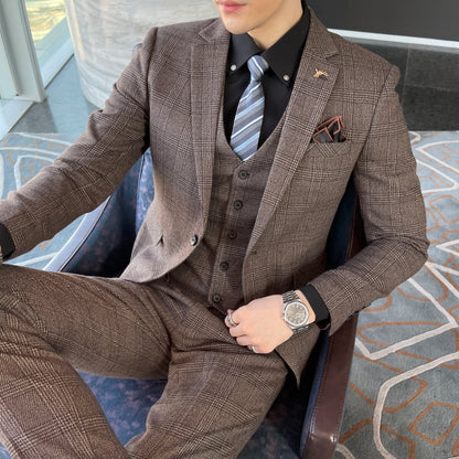 Structured Check Button Up Notch Lapel Straight Three Piece Set Suit