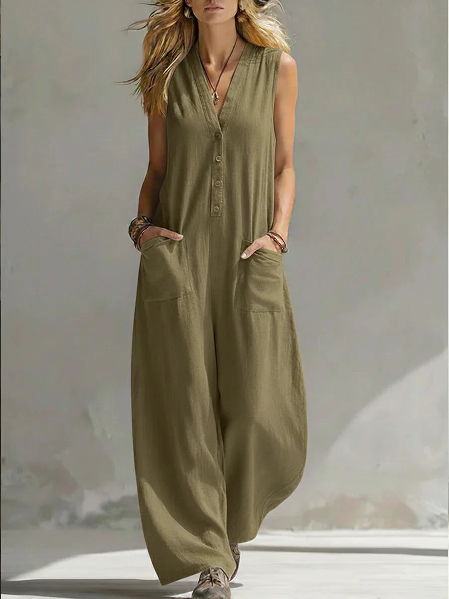 Sleeveless Buttoned Pocketed Relaxed Wide Long Jumpsuit