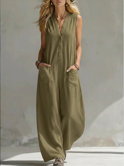 Sleeveless Buttoned Pocketed Relaxed Wide Long Jumpsuit