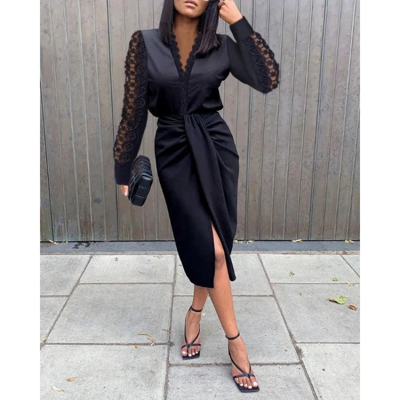 Lace Trimmed Long Sleeve Slit Midi Dress