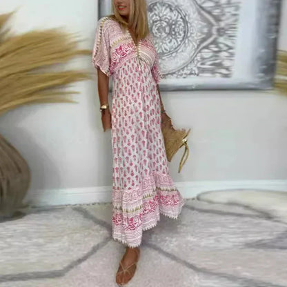 V Neck Printed Tiered Ruffled Maxi Dress