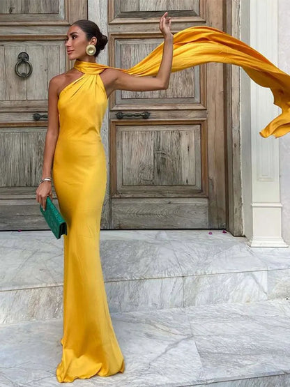 Asymmetrical Halter Sleeveless Draped Maxi Dress