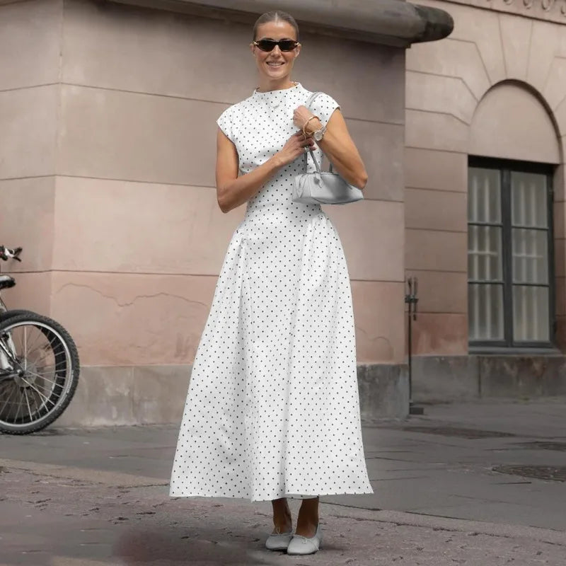 Polka Dot Fitted A Line Capsleeve Flare Dress