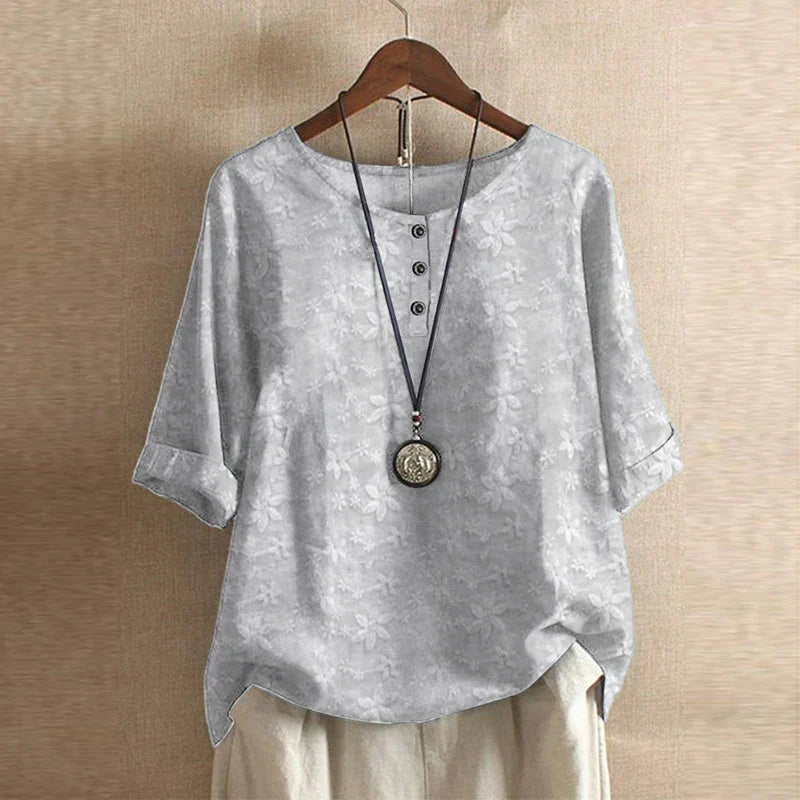 Graphic Crew Neck Curved Hem Medium Sleeve Blouse