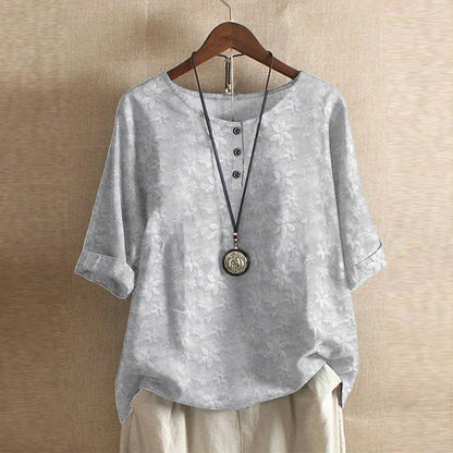 Graphic Crew Neck Curved Hem Medium Sleeve Blouse