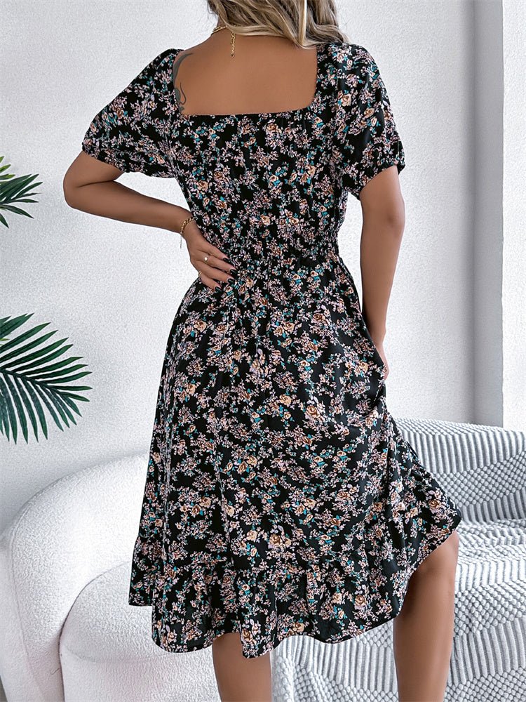 Square Neck Smocked Puff Sleeve Floral Midi Dress
