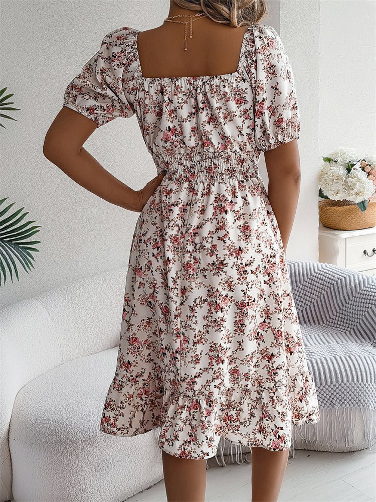 Square Neck Smocked Puff Sleeve Floral Midi Dress