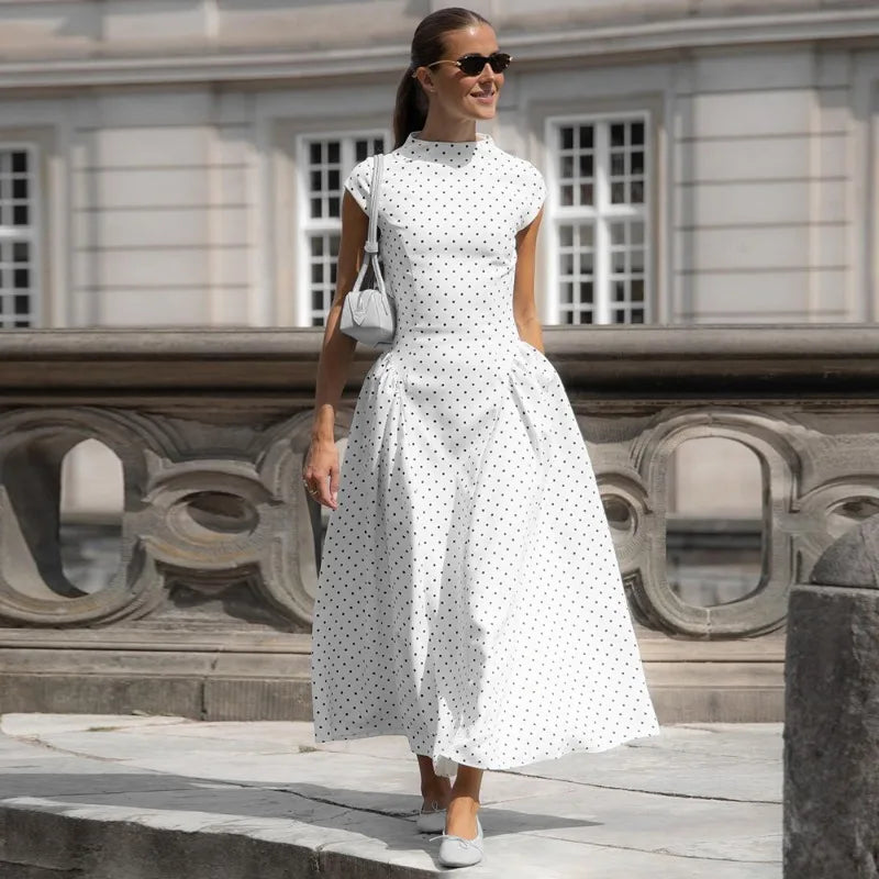 Polka Dot Fitted A Line Capsleeve Flare Dress