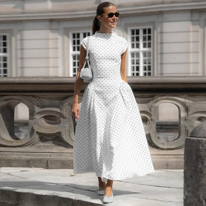 Polka Dot Fitted A Line Capsleeve Flare Dress
