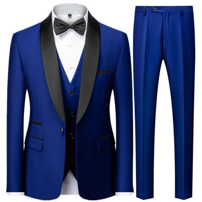 Slim Solid Satin Lapel V Neck Tailored Three Piece Set Suit